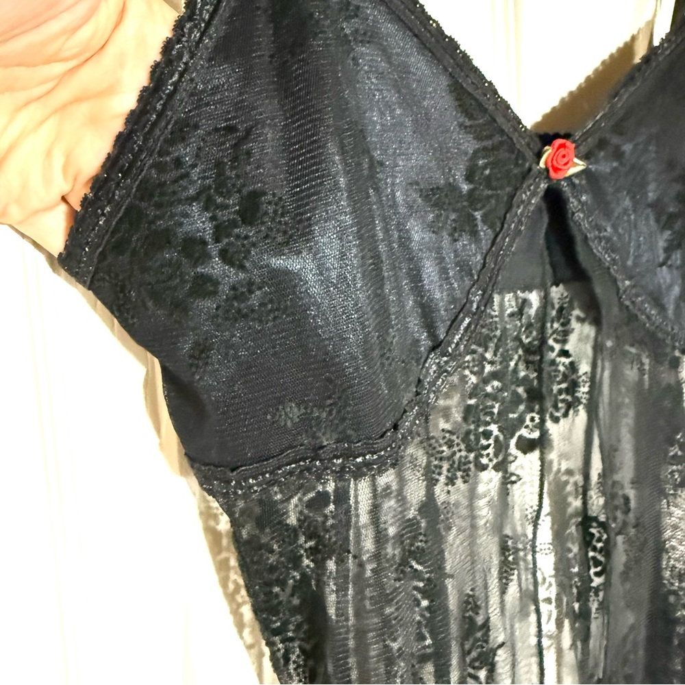 Sheer Black Velvet Floral Lace Slip Maxi Dress Rose Bow Whimsygoth Fairy Grunge - Picture 6 of 15